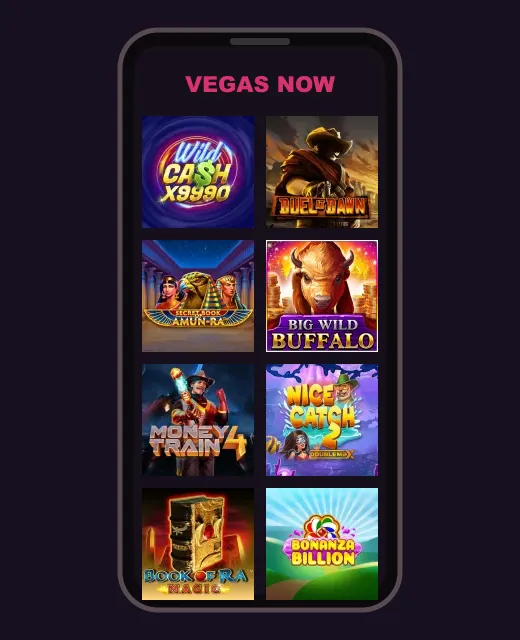 Vegas Now online lobby with game tiles on a smartphone